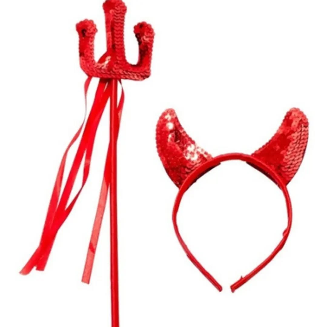 Diadema de cuernos de diablo con tridente rojo