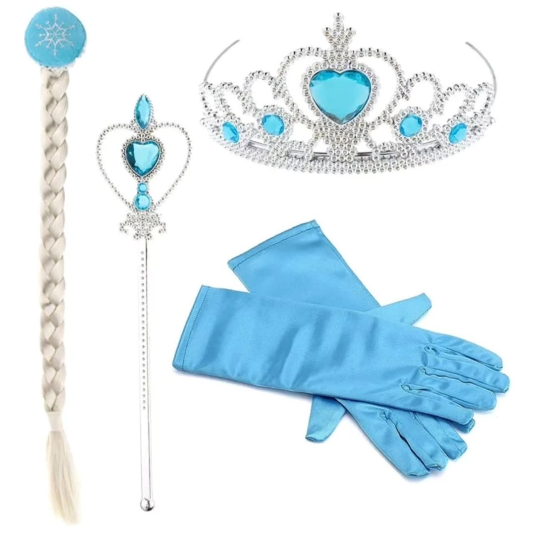 Conjunto de princesa azul con corona, trenza y guantes
